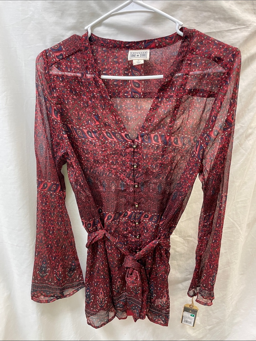 Converse Burgundy Paisley Sheer Tie-Waist Tunic ladies sz M